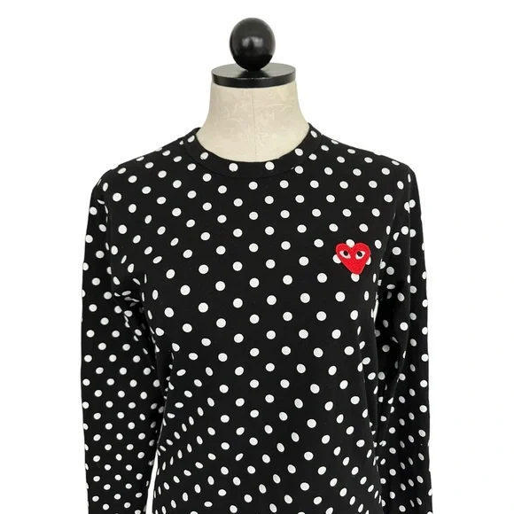Comme Des Garcons Play Polka Dot Long 100% Cotton Tee Embroidered Heart Size L - Picture 6 of 15